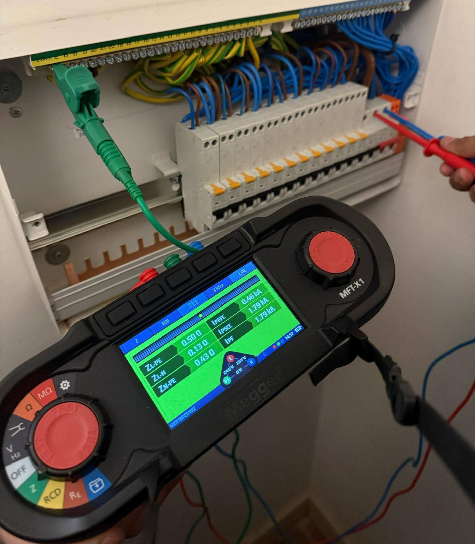 Bryce Electrical engineer carrying out an EICR with a Megger MFT-X1 at a consumer unit